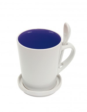 TAZA FULL SET Código: T305 Ø 8,5 x 10 cm. Set de Taza más cuchara y tapa/plato. Porta cuchara en asa. Interior de color y exterior color blanco.Capacidad: 230 ml aprox. 
