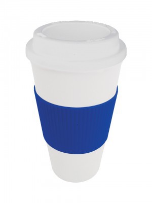VASO GRIP Código: T231 Ø 9 X 17,5 cm Plástico. Incluye abertura en tapa para beber. Grip térmico de goma imitación cartón corrugado. Azul