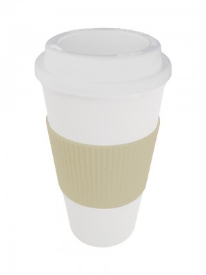 VASO GRIP Código: T231 Ø 9 X 17,5 cm Plástico. Incluye abertura en tapa para beber. Grip térmico de goma imitación cartón corrugado. Beige