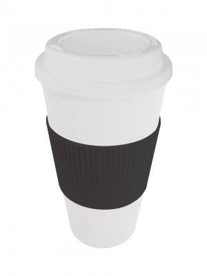 VASO GRIP Código: T231 Ø 9 X 17,5 cm Plástico. Incluye abertura en tapa para beber. Grip térmico de goma imitación cartón corrugado. Negro