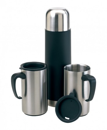 SET TÉRMICO CÓDIGO: T108 Ø 6,5 x 24 cm Termo con capacidad de 500 ml y 2 jarros con tapa con capacidad de 200 ml.