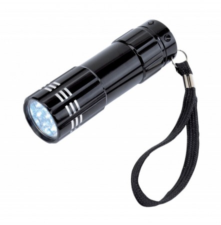 LINTERNA LED "POWER" CÓDIGO: T178 Ø 2,8 x 9,5 cm Metal. Con 9 luces blancas LED. Cordón de seguridad para mano. Botón de apagado y encendido. Funciona con pilas (no incluidas).